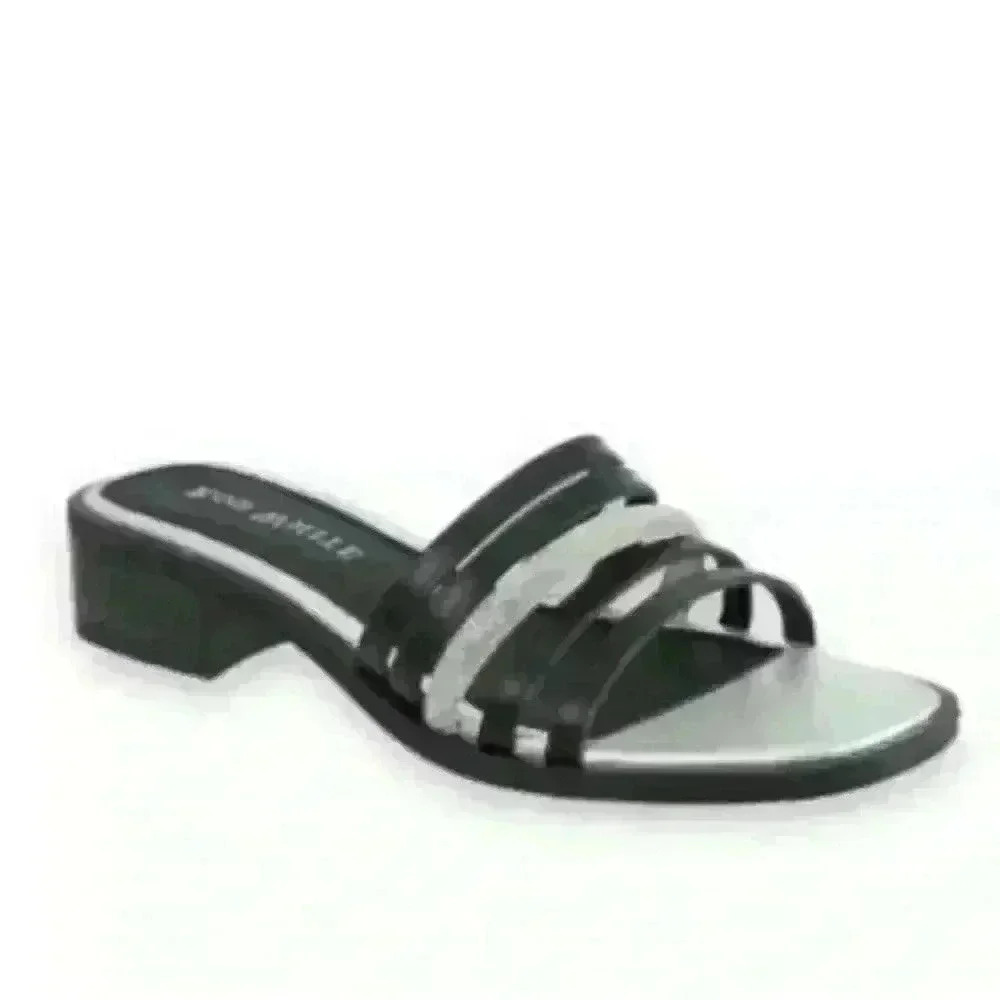 RON WHITE Vega Rhinestone Slide Sandal in Onyx Silver Size 37 New